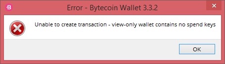 screenshot of error: 'no spend keys'